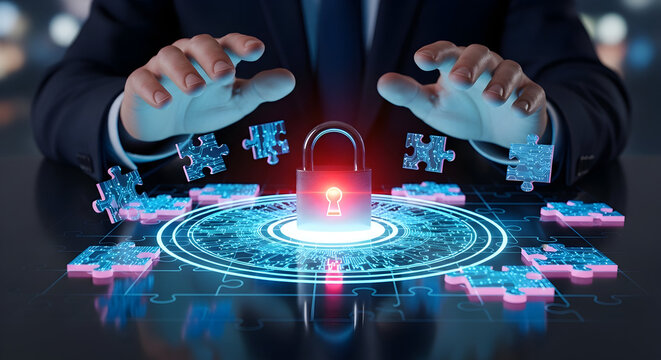 Data Security Concept Digital Padlock and Puzzle Pieces Protection