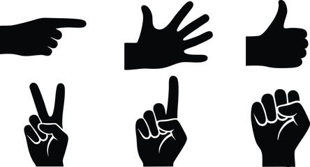 Hand gesture icons set including pointing, open palm, thumbs up, victory sign, index finger up, and fist silhouette vector illustration