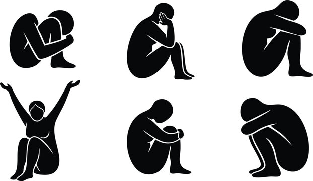 Sad and joyful human silhouettes expressing various emotions in simple black vector illustrations