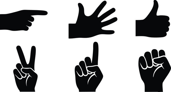 Hand gesture icons set including pointing, open palm, thumbs up, victory sign, index finger up, and fist silhouette vector illustration