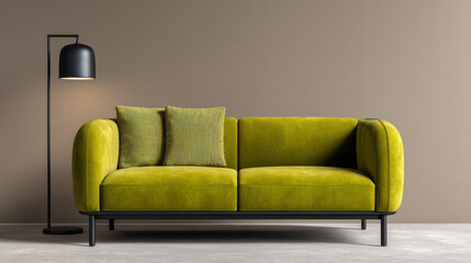 Fototapeta premium Velvet sofa in minimalist loft setting features vibrant green color with soft cushions and sleek black legs for modern comfort