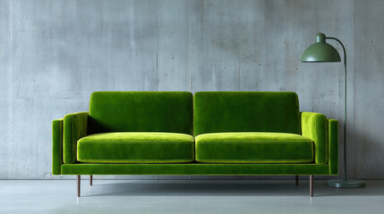 Velvet sofa in minimalist loft setting with green upholstery and modern floor lamp creating calm and stylish atmosphere