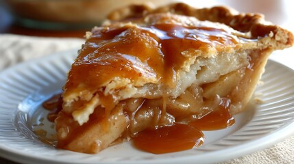 Slice of Classic Apple Pie with Warm Caramel Sauce on White Plate