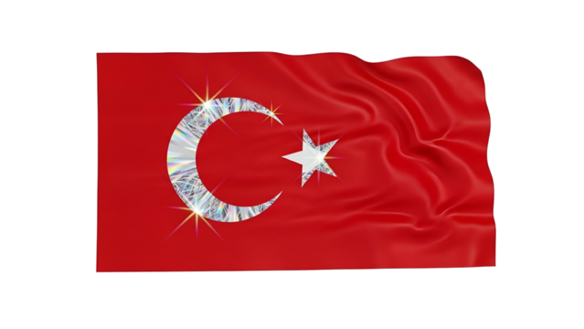 Digital depiction of the Turkish flag with diamond-like crescent moon and star emblems