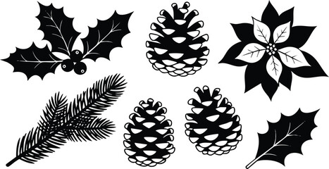 Fototapeta premium Pine cones holly leaves poinsettia flower and fir tree branches vector collection for Christmas decoration and holiday design
