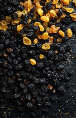 Assorted dried fruits in black and yellow