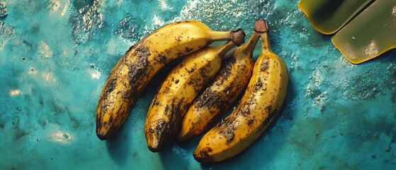Vibrant bananas on turquoise backdrop