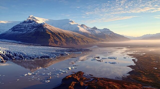 Snowy mountain glacier and calm water