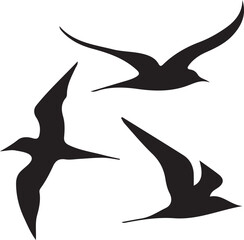 Vector silhouette illustration of black flying birds, fish, and shark for nature, ocean, and wildlife logo or icon design