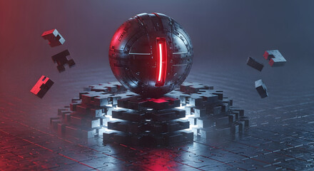 Futuristic Sphere with Glowing Red Line and Floating Geometric Shapes