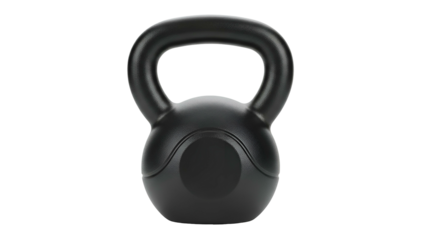 Black kettlebell with smooth matte finish, centered on a black background