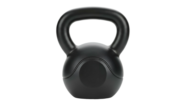 Black kettlebell with smooth matte finish, centered on a black background