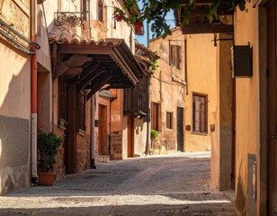Rustic European Alleyway with Stone Pavement and Ochre Buildings