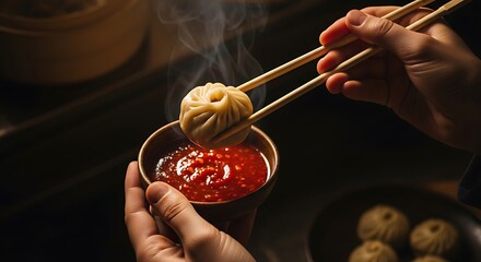 Steaming Hot Dumpling Dipped in Spicy Red Sauce