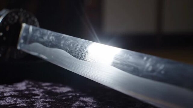 Shiny steel sword with dark floral guard lies on velvet