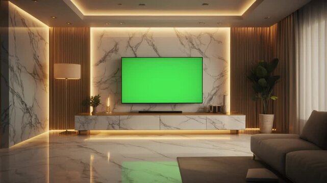 Sophisticated and opulent minimalist living space featuring a blank green screen TV mounted on a stunning white marble wall
