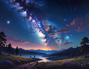 A captivating landscape featuring a serene lake reflecting a breathtaking night sky