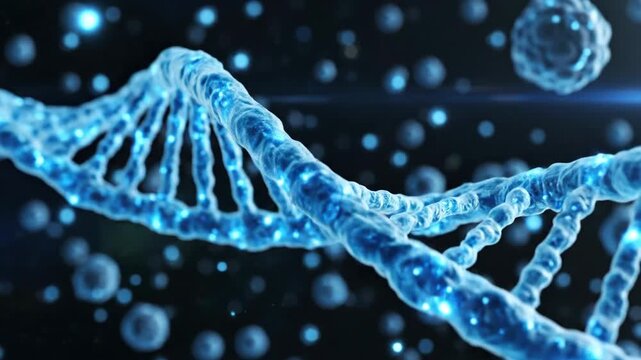 Luminous blue DNA helix, double-stranded, against a dark bokeh-filled backdrop