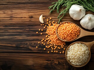Organic garlic and lentils with spoon