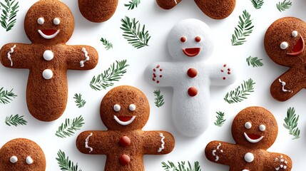 Festive gingerbread cookies in various shapes, featuring smiling faces and decorative icing, surrounded by green foliage, creating a cheerful holiday atmosphere with vibrant colors