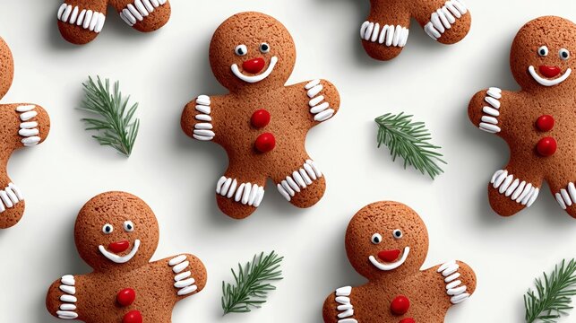 Gingerbread cookies shaped like cheerful gingerbread men, decorated with icing and colorful candies, surrounded by fresh pine branches, creating a festive holiday atmosphere - Powered by Adobe