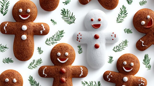 Festive gingerbread cookies in various shapes, featuring smiling faces and decorative icing, surrounded by green foliage, creating a cheerful holiday atmosphere with vibrant colors