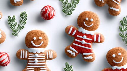 Gingerbread cookies shaped like cheerful figures, decorated with icing, surrounded by festive greenery and colorful ornaments, creating a joyful holiday atmosphere for seasonal celebrations