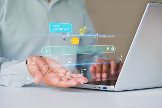 AI agent, holographic robot assistant concept, digital interface showing generative AI functions for digital business productivity, AI agent work with holographic robot interface and assistant tools