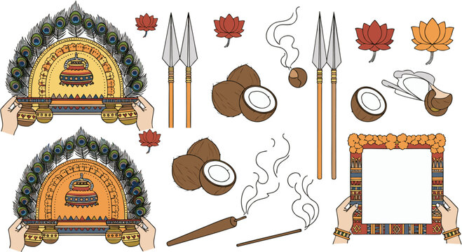 Thaipusam festival vector set. Features the ornate Kavadi and Vel (spear of Lord Murugan), coconuts, and incense. Icons for Hindu religious celebrations, devotion, and Tamil culture. Perfect for cultu
