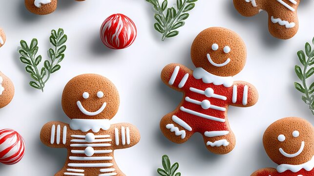 Gingerbread cookies shaped like cheerful figures, decorated with icing, surrounded by festive greenery and colorful ornaments, creating a joyful holiday atmosphere for seasonal celebrations