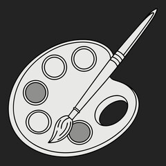 A simple, stylized, grayscale illustration of a painter's palette and paintbrush. The palette, circular in form, dominates the center of the image and features multiple circular wells for holding pain