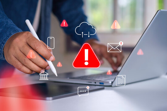 Email security threat and spam warning concept. Person click email with red warning icons and envelope representing email threats, phishing, spam alerts, cybersecurity risk in digital communication
