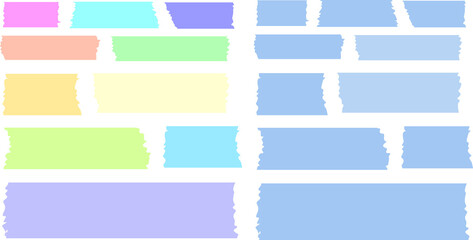 Set of blank colorful scotch tape strips with rough edges and transparent background for design projects. Cute vector masking tape collection, washi tape borders, sticky notes, and artistic scrapbook 