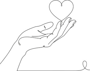 Continuous line drawing of hand holding a heart shape symbol