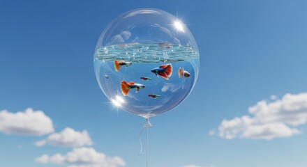 Naklejka premium Underwater world in a balloon floating on the sky with guppies swimming inside the water against blue sky and clouds
