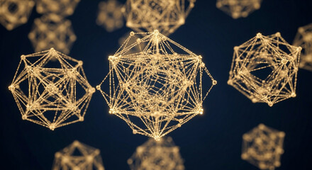 Intricate golden geometric crystalline structures with glowing nodes and lines suspended in a dark abstract space representing complex data networks or molecular connections