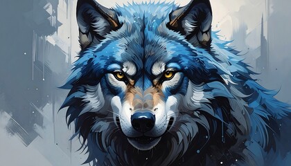 Close-up of a blue and white wolf's face with golden eyes, rendered with a painterly style. Background is abstract