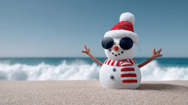 Snowman wearing sunglasses and a red hat, stands on sandy beach with ocean waves in the background, celebrating summer holiday vibes with a playful twist on winter traditions