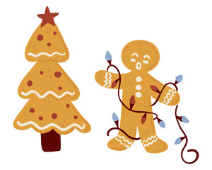 Gingerbread man tangled in christmas lights beside a decorated cookie tree. The concept highlights festive preparation, holiday fun, warmth and cheerful seasonal spirit