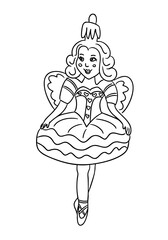 Christmas ballerina doll with decorative dress, heart details and wings in a hand-drawn outline. The concept conveys festive charm, fantasy, elegance and cheerful holiday spirit