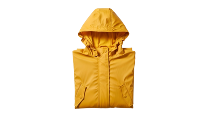 A bright yellow rain jacket with a hood, folded neatly. Isolated on a black background