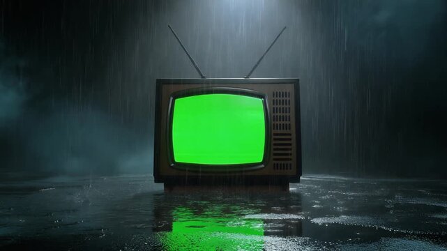 Retro television set with a green screen, illuminated by a spotlight, surrounded by cinematic rain in a dark, atmospheric setting