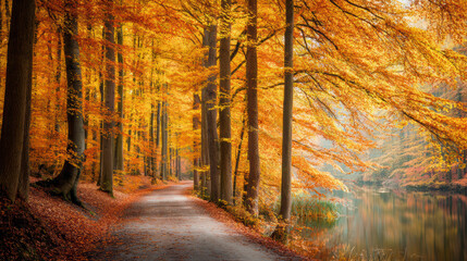 Fototapeta premium Autumn Forest Path by the River – AI Generative