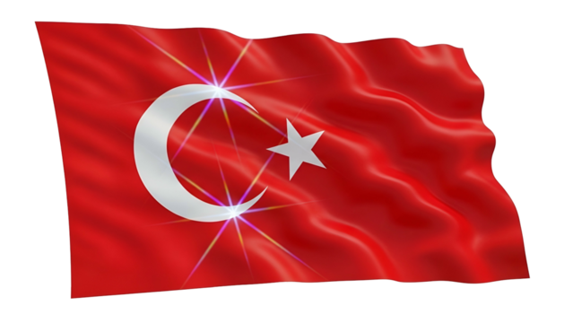 A digital rendering of a waving red flag with a white crescent moon and star