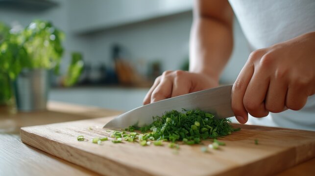 An Individual Skillfully Chopping Fresh Green Onions on a Cutting Board in a Bright Kitchen Setting