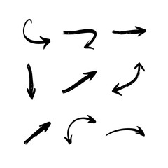 Set of nine hand drawn black arrow icons isolated on white