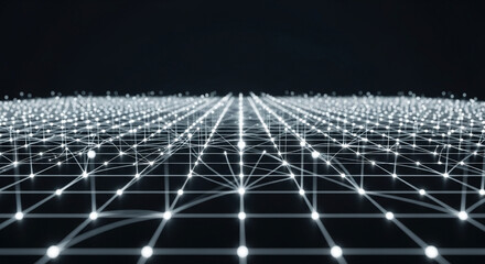 Abstract digital network grid with glowing nodes and lines extending into the distance creating a futuristic technological concept of data connections and information flow