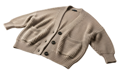 Beige, oversized knit cardigan with a v-neck, front buttons, and large patch pockets