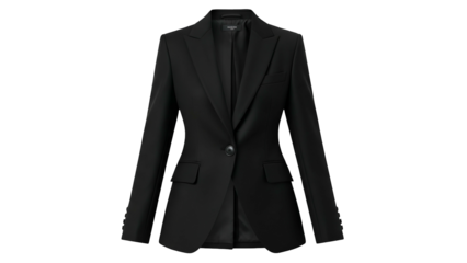 A tailored, single-button black blazer with two pockets on a solid black background