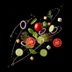 A cinematic still of a vegetable salad, deconstructed and frozen in elegant motion, with sliced ​​cucumbers, tomatoes, onions and lettuce, shot against a black background.